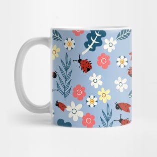 Spring meadow in bloom with ladybirds on sky blue background Mug